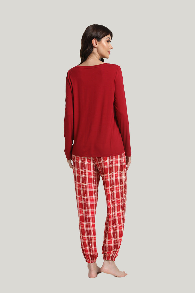 Casual Tie Women’s Knit Pajamas Set Red-2211740032