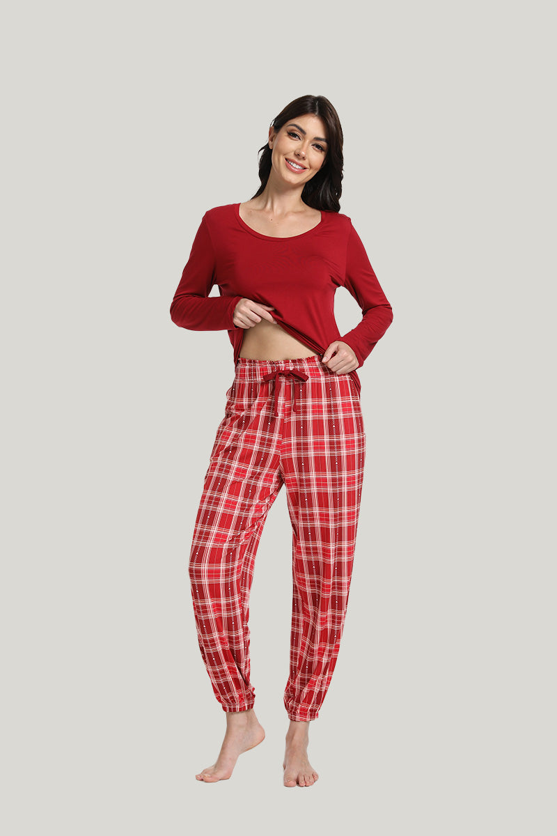 Casual Tie Women’s Knit Pajamas Set Red-2211740032