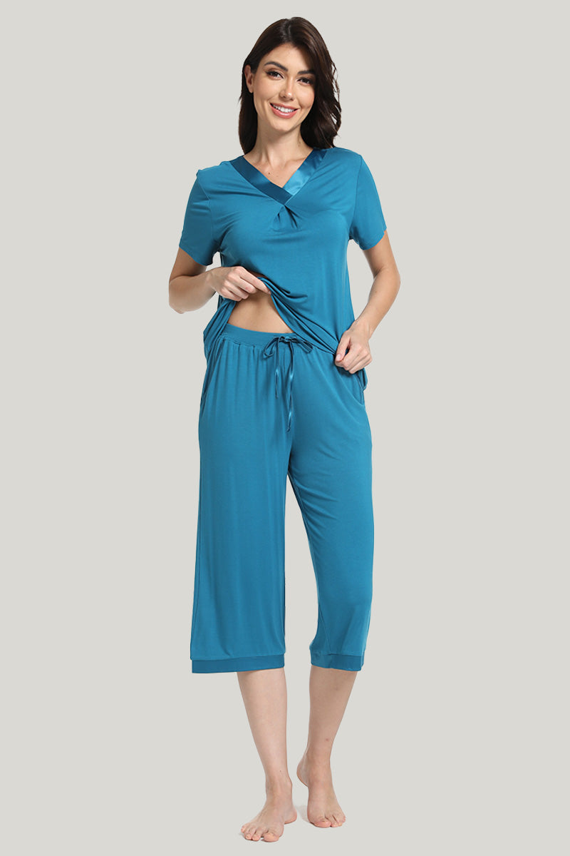 Loose And Elegant Ladies Knit Short-sleeve Seven-point Pants Pajamas Set-2315500011