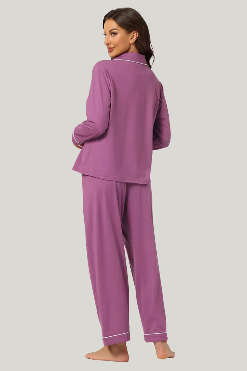 Women's Piped Pajama Sets Purple With Pockets On The Top