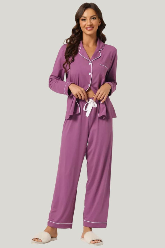 Women's Piped Pajama Sets Purple With Pockets On The Top