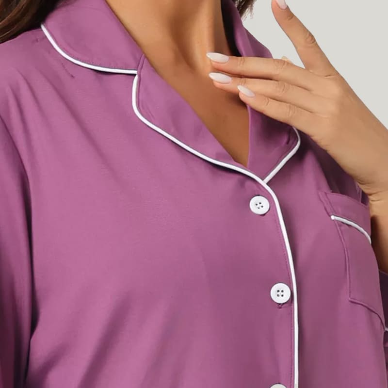 Women's Piped Pajama Sets Purple With Pockets On The Top