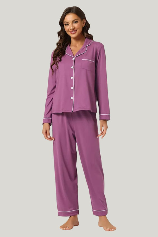 Women's Piped Pajama Sets Purple With Pockets On The Top