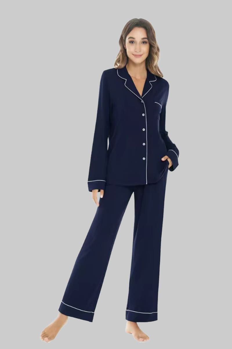 Custom Long-Sleeved And Long-Pants Bamboo Pajamas, Piped Pajamas Manufacturers