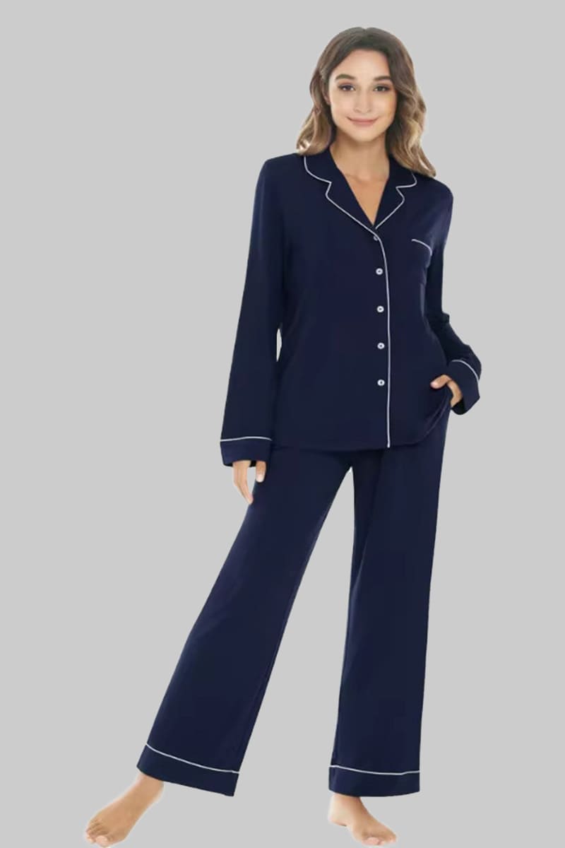 Custom Long-Sleeved And Long-Pants Bamboo Pajamas, Piped Pajamas Manufacturers