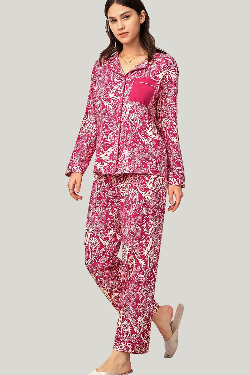 Private Label Bamboo Cotton Blend Striped PJ Sets, Women's Drawstring Piping Pajama Manufacturer
Private Label Paisley Pattern Pajama Set