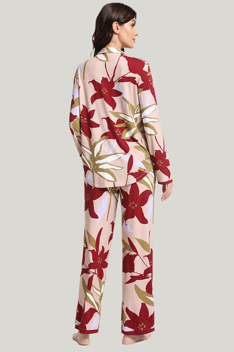 Elegant Flower Women’s Knit Bamboo Piping Pajamas-2311740022