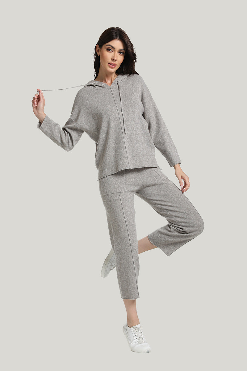 Casual Hooded Women’s Knit Long-sleeve Eight-point Pants Pajamas Set-2315500036