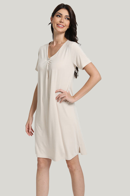 Hem Slit Women’s Knit Short-sleeve Bamboo Nightgown-2315980023