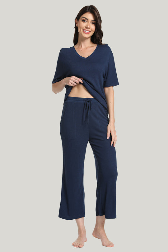 Home Casual Women’s Knit Short-sleeve Middle Pants Pajamas Set-2311740081