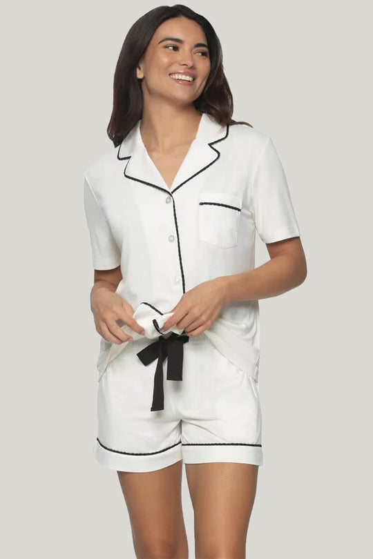 Women's Piped Pajama Sets White Shorts With Pockets On The Top And Bottom