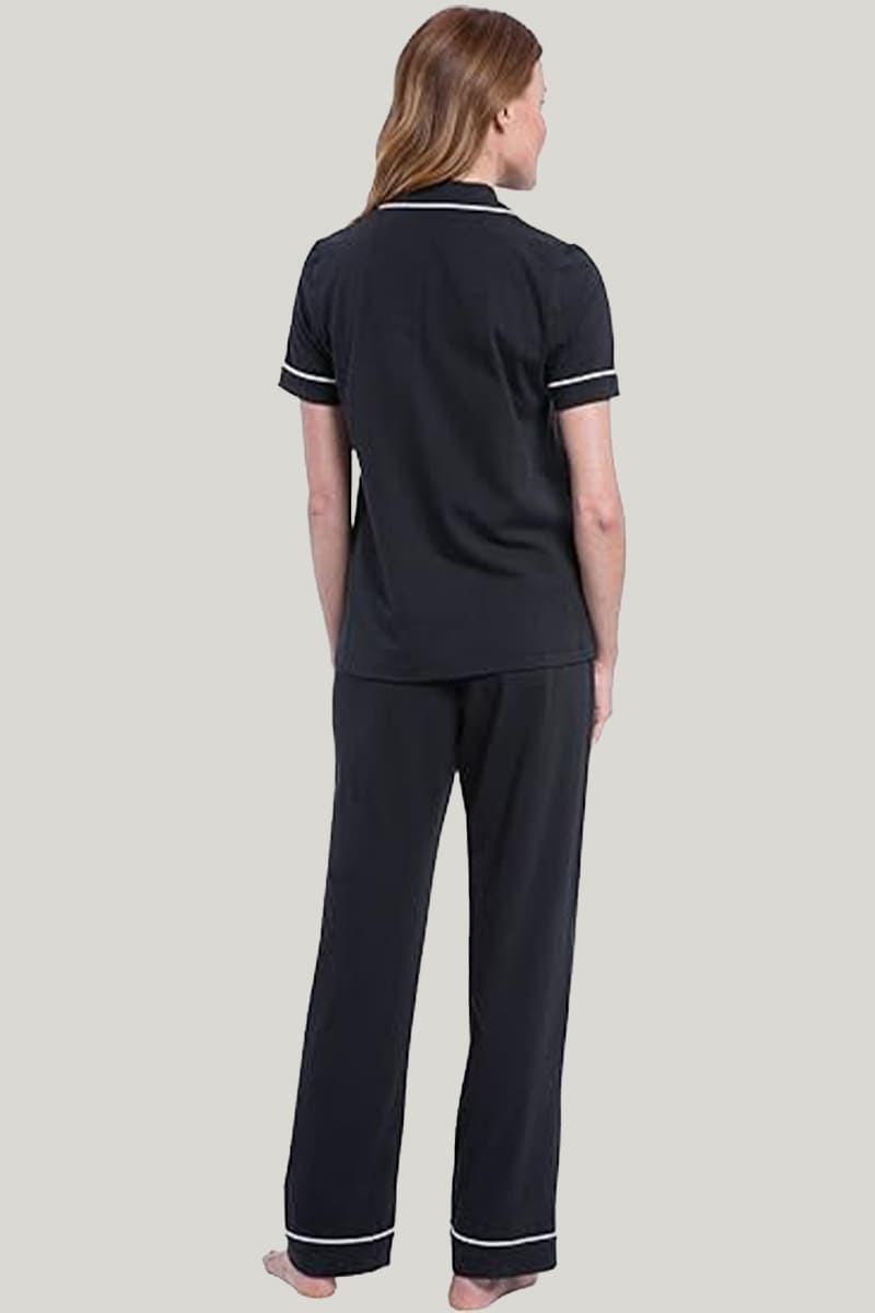 Women's Piping Pajamas Set Black Short Sleeves Long Trousers