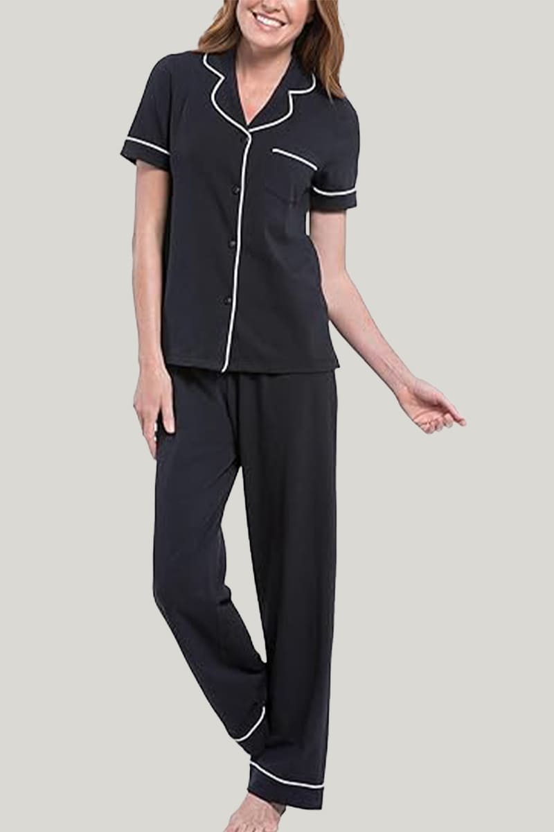 Women's Piping Pajamas Set Black Short Sleeves Long Trousers