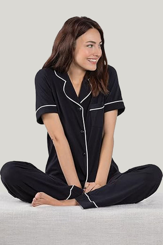 Women's Piping Pajamas Set Black Short Sleeves Long Trousers