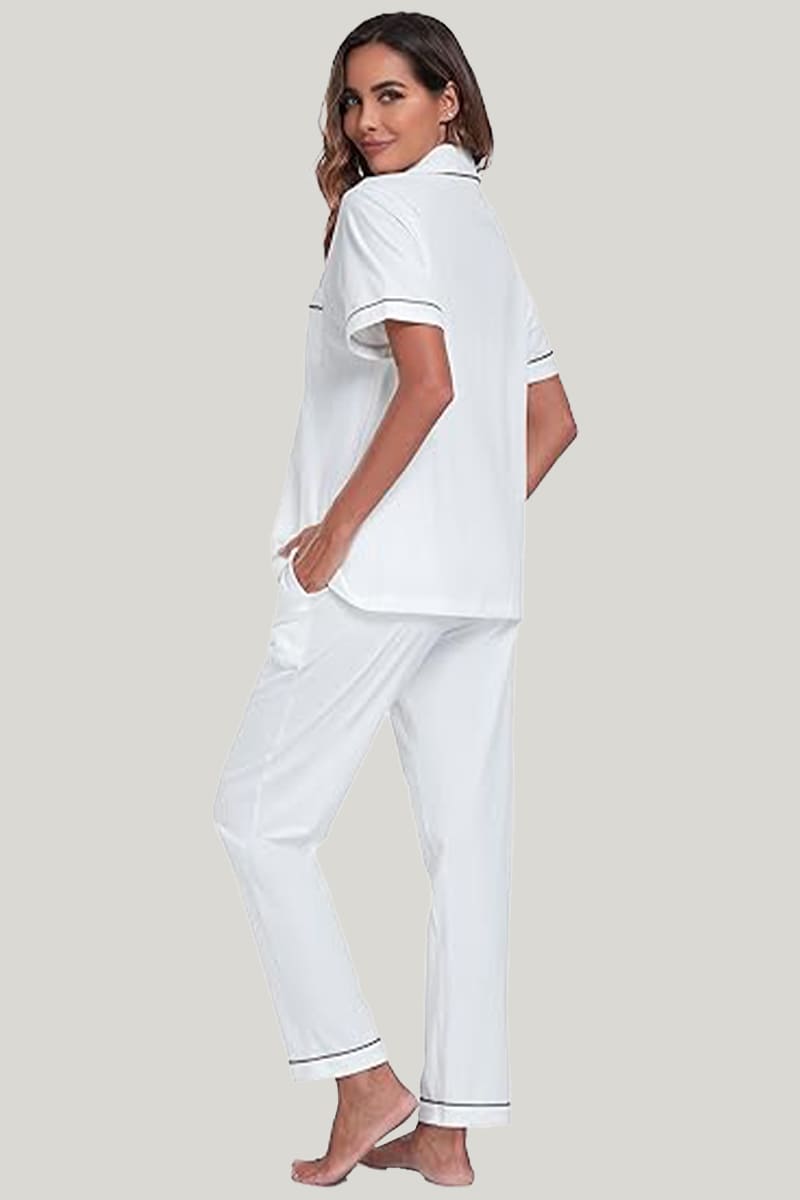 Women's Piping Pajamas Set White Short Sleeves Long Trousers With Pockets On The Top And Bottom