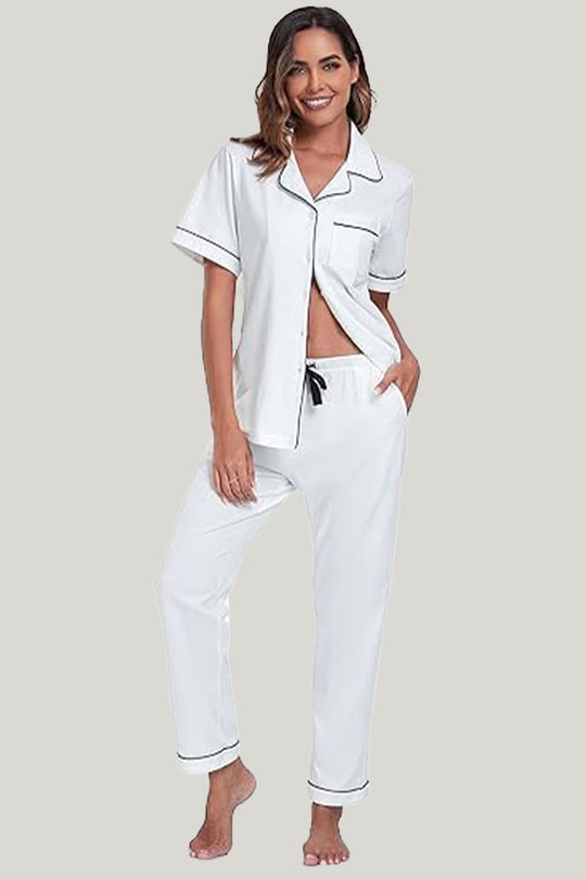 Women's Piping Pajamas Set White Short Sleeves Long Trousers With Pockets On The Top And Bottom