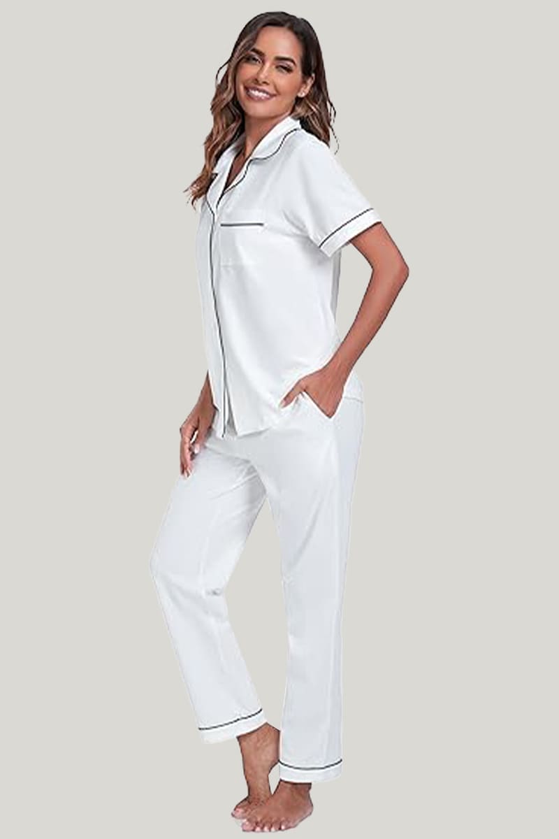 Women's Piping Pajamas Set White Short Sleeves Long Trousers With Pockets On The Top And Bottom