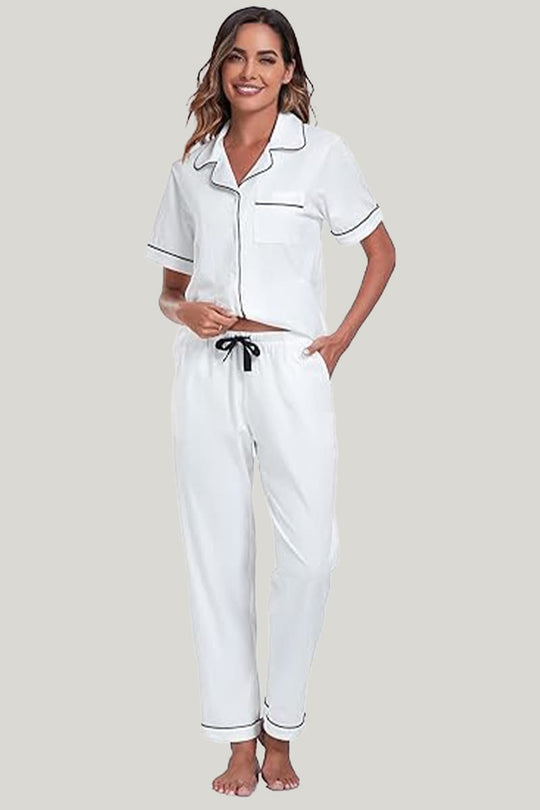 Women's Piping Pajamas Set White Short Sleeves Long Trousers With Pockets On The Top And Bottom