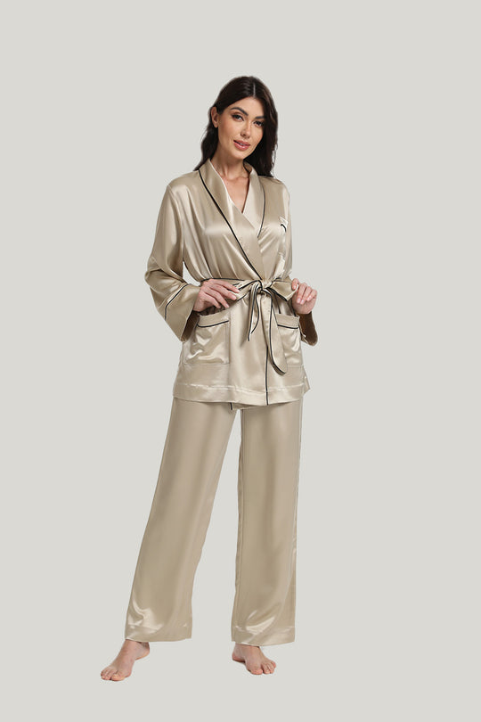 Elegant Tie Women’s Satin Knit Cord Pajamas Set-2311290049