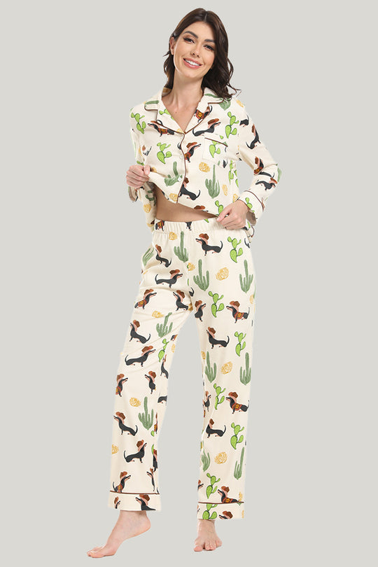 Large Flower Women’s Woven Long-sleeve Long Pants Open Pajamas Set