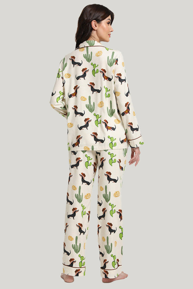 Large Flower Women’s Woven Long-sleeve Long Pants Open Pajamas Set